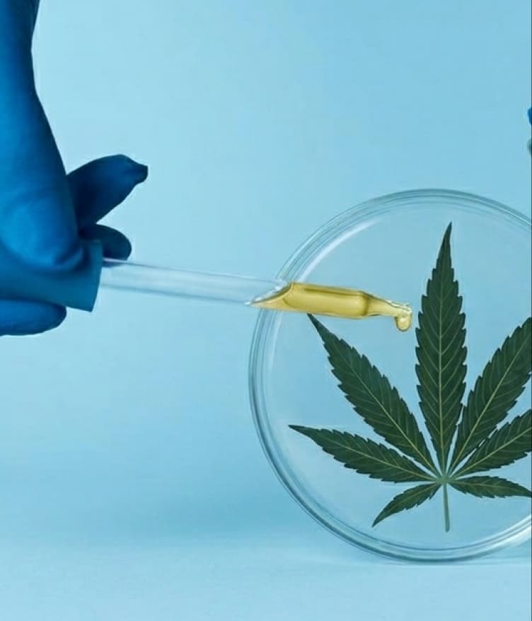 Cannabis oil being dropped onto a leaf in a petri dish