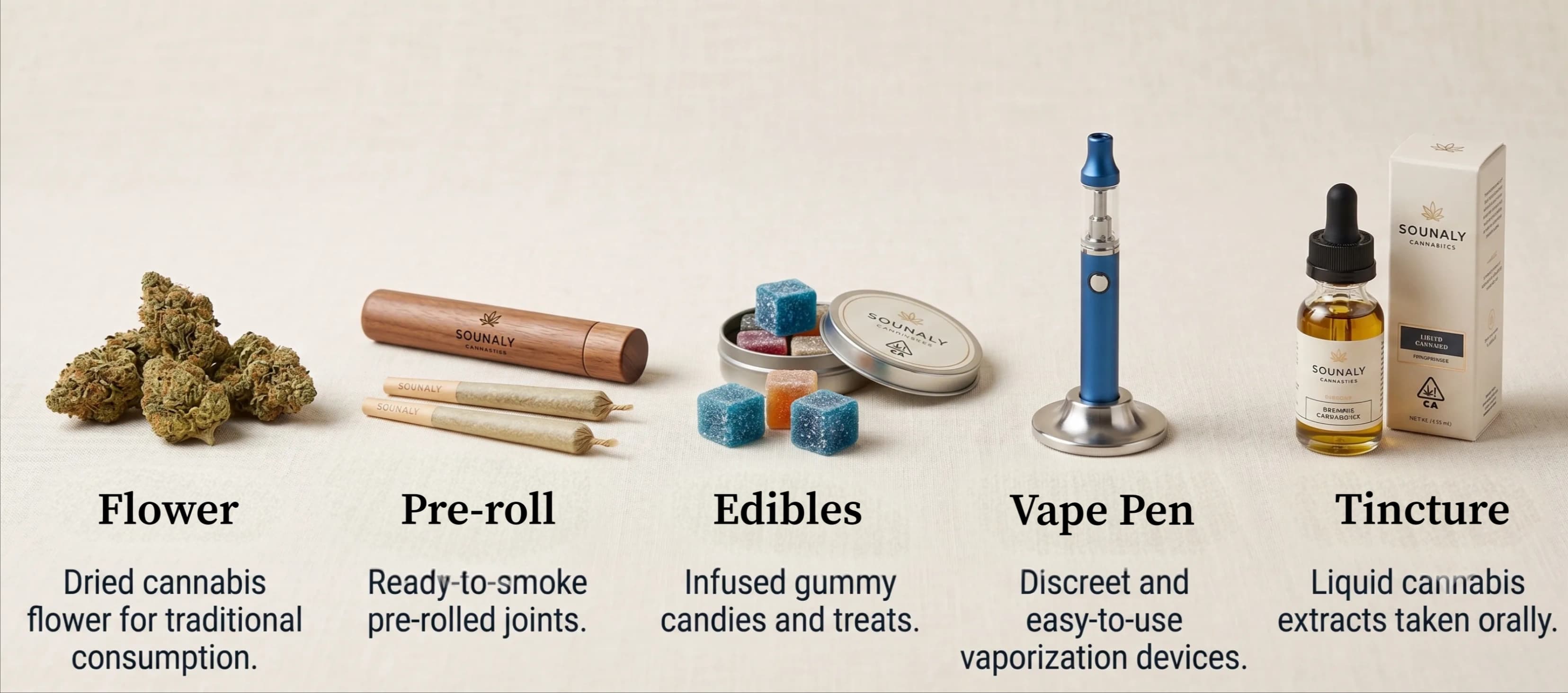Five cannabis product formats for beginners illustrated as icons: flower, pre-roll, edibles, vape pen, and tincture.