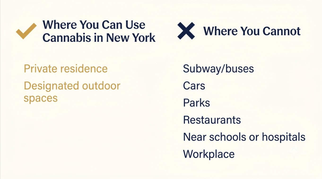 Two-column infographic showing where cannabis consumption is permitted and prohibited in New York State.