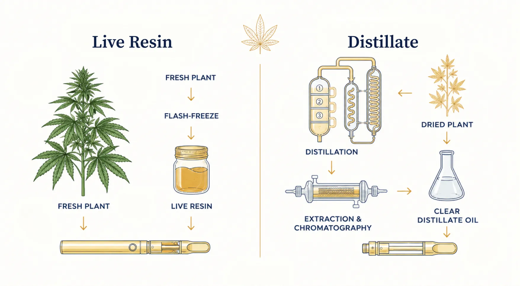 Infographic comparing live resin flash-freeze extraction versus distillate refinement, two paths from cannabis plant to vape cart.