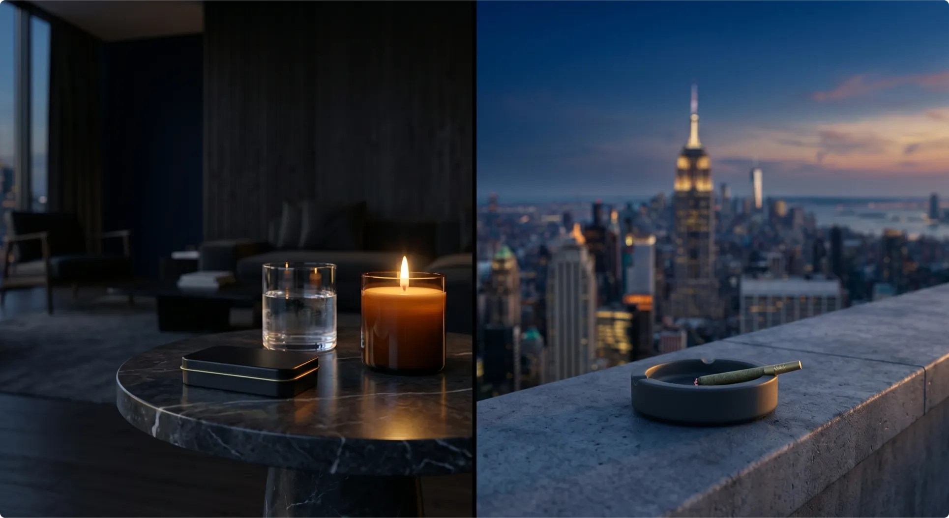 When to choose edibles vs smoking — an indoor evening apartment scene and an NYC rooftop at dusk.