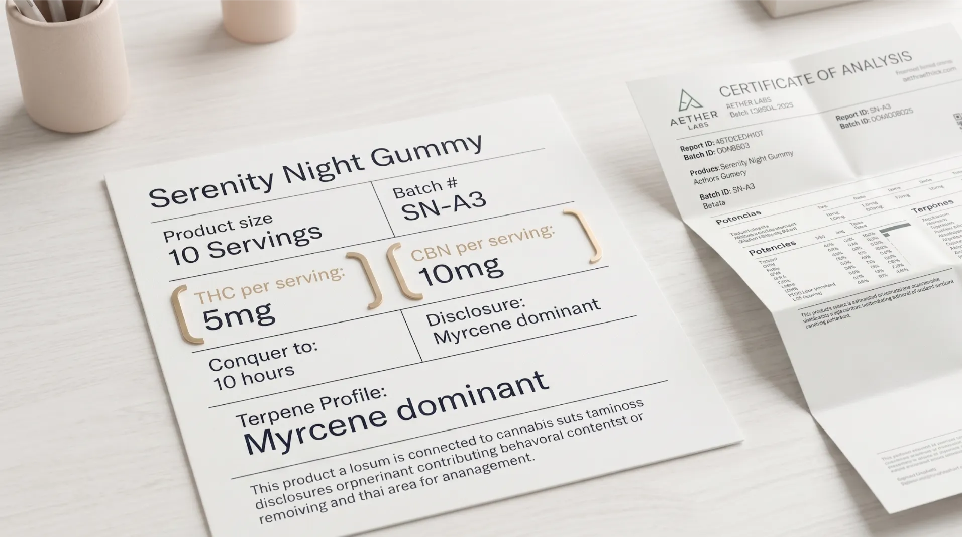 Cannabis gummy label annotated with CBN and THC per serving amounts alongside a Certificate of Analysis on a dark surface.