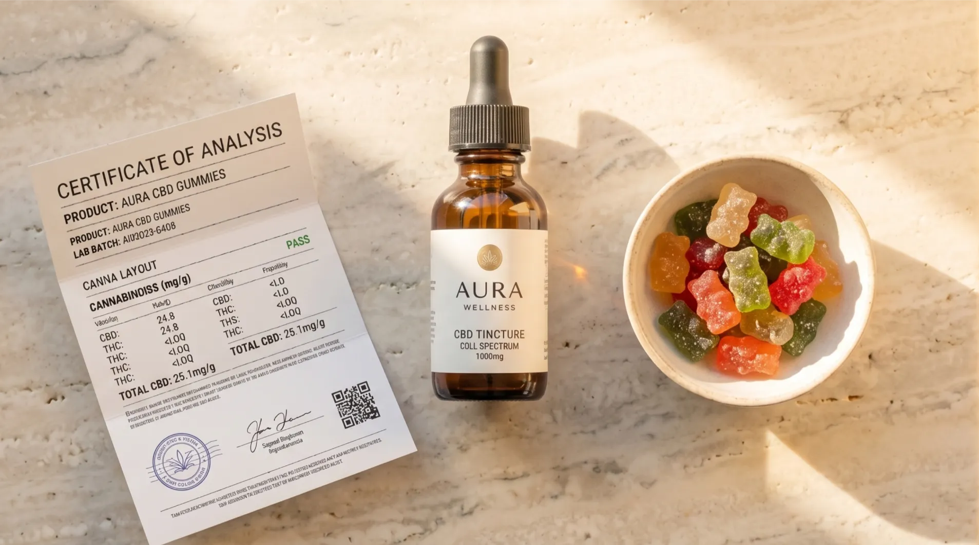 A CBN tincture and sleep gummies with a COA lab report on a dark navy surface, gold side lighting.