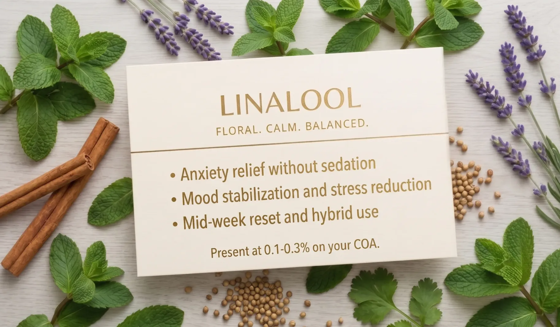 Linalool terpene effects card showing anxiety relief and calm mood balance for hybrid cannabis use.