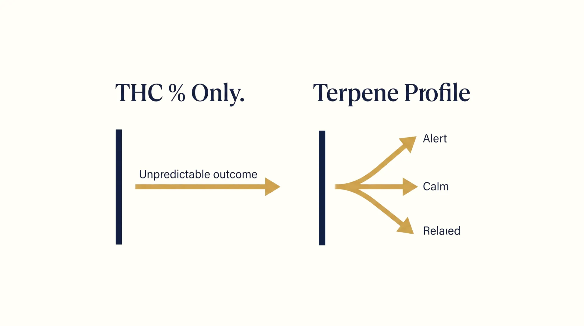 Infographic comparing THC-only cannabis shopping versus terpene profile selection, showing three different outcome paths.