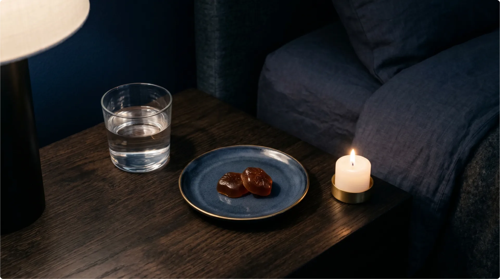 Cannabis edibles on a bedside table in a calm dark bedroom, representing intentional nighttime use.