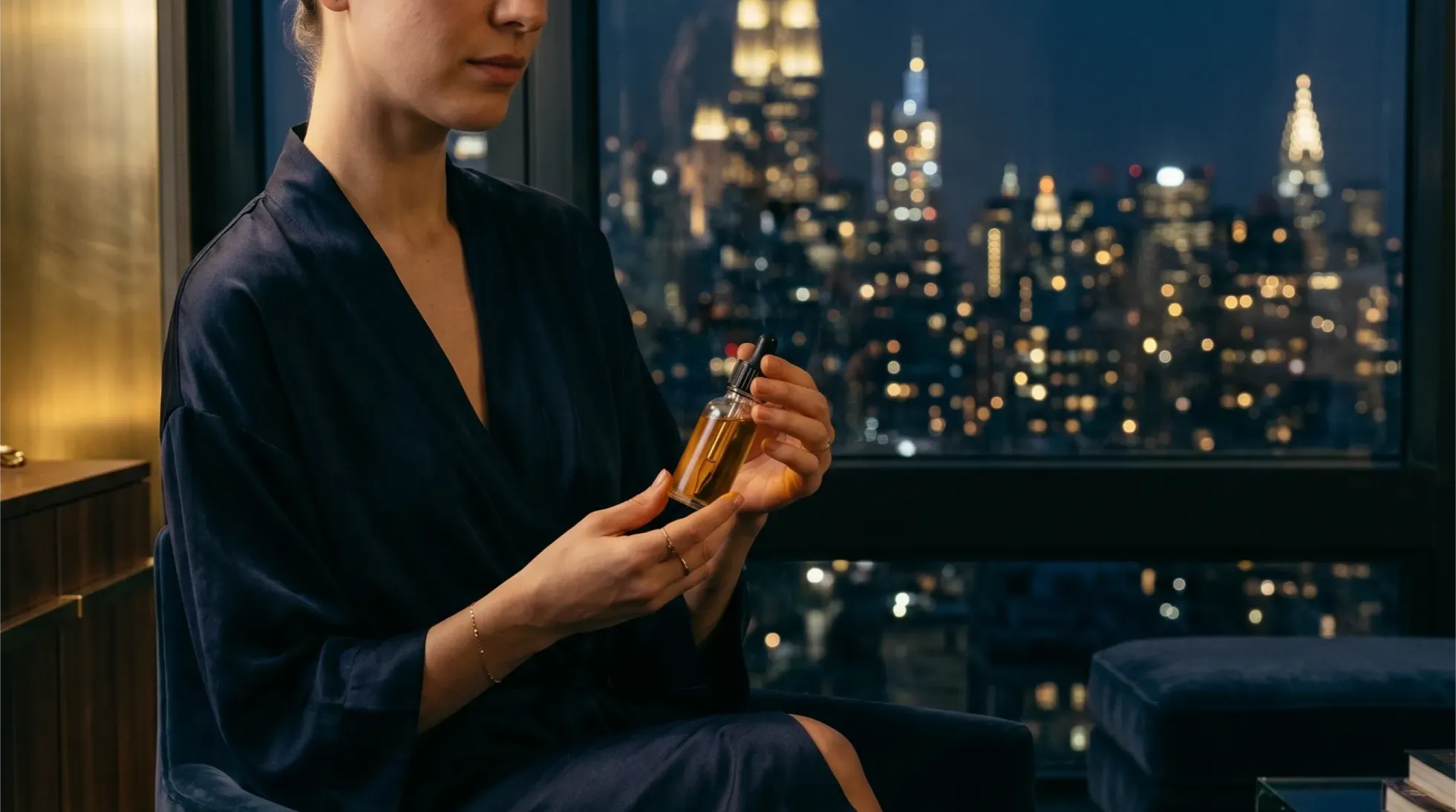 A person holding a cannabis tincture bottle in a calm New York apartment at night, representing intentional use.