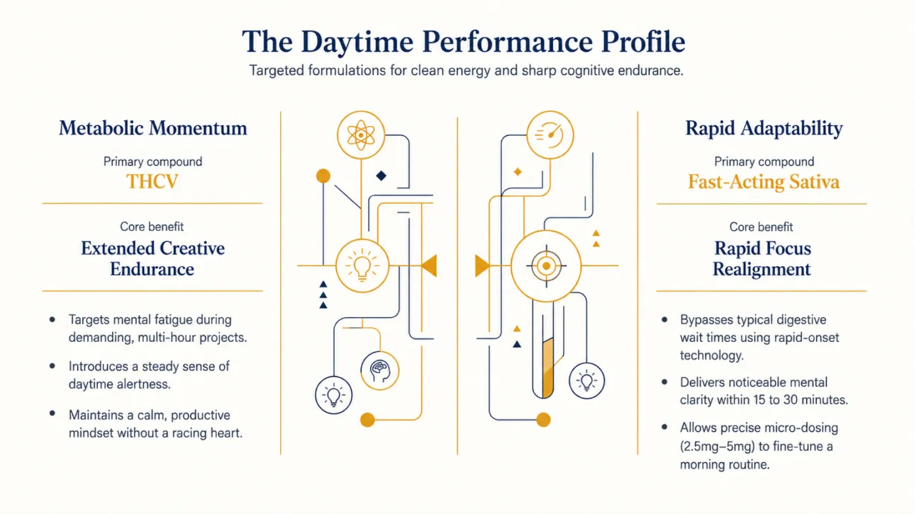 A luxury editorial infographic on a matte dark-blue background detailing the "Daytime Performance Profile": the left column focuses on THCV for "Metabolic Momentum" and the right on fast-acting Sativa for "Rapid Adaptability".