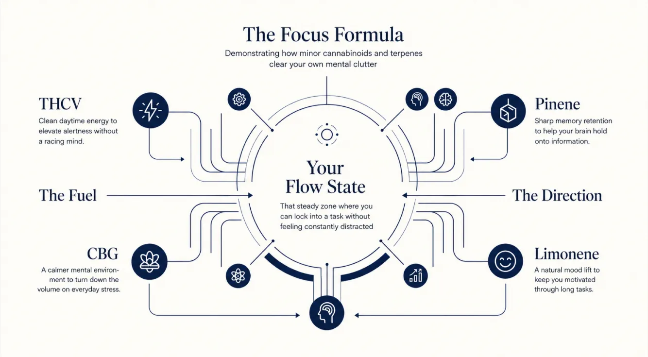 A premium dark-blue infographic titled "The Focus Formula" showing how minor cannabinoids THCV and CBG act as "The Fuel" while the terpenes Pinene and Limonene provide "The Direction", converging into a central hub labelled "Your Flow State".