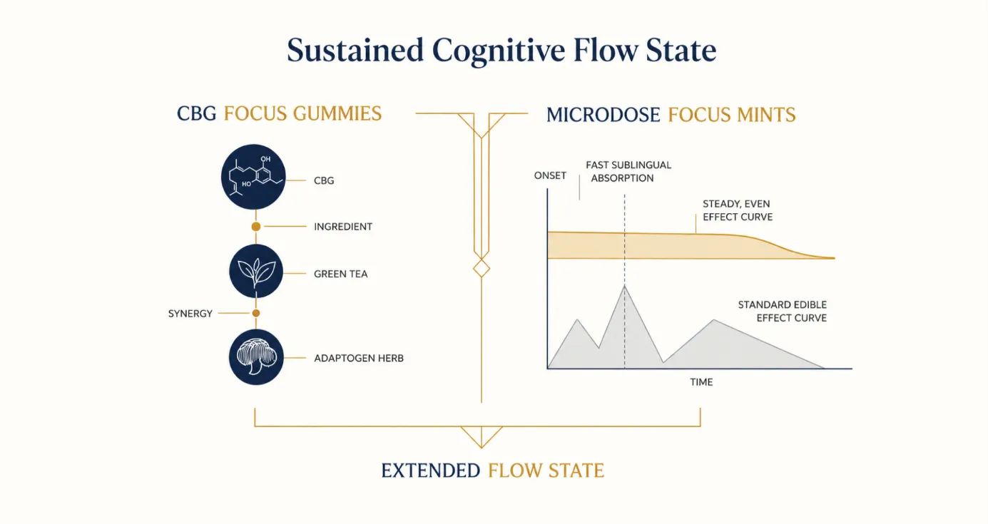 Infographic comparing CBG focus gummies and microdose mints for a sustained cannabis cognitive flow state.